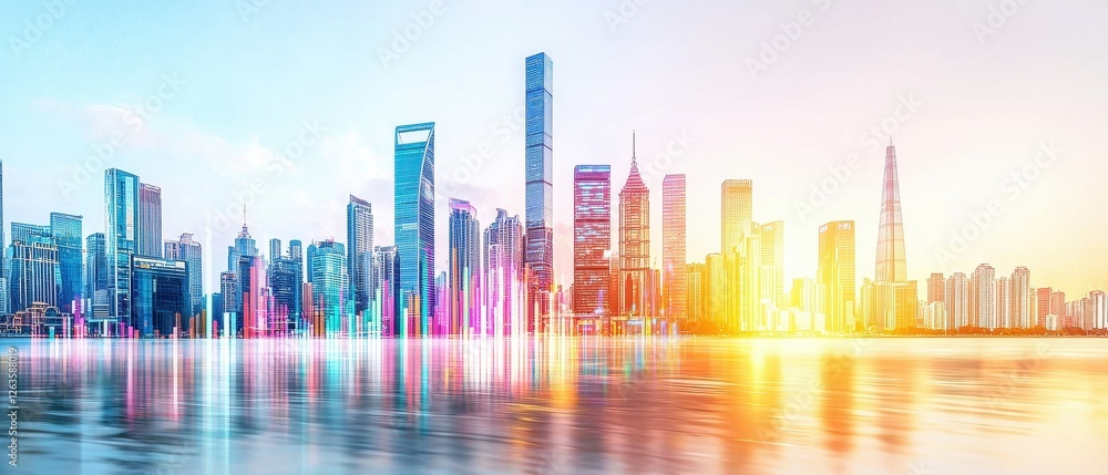 Obraz premium Stunning urban skyline at sunrise with vibrant colors reflecting in water, showcasing modern architecture and city life