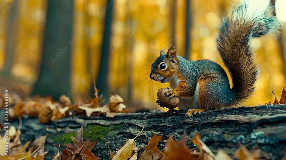 A squirrel perched atop a log amidst a dense forest carpeted with fallen leaves A squirrel perched atop a log amidst a dense forest carpeted with fallen leaves