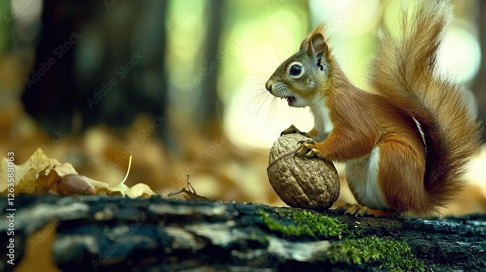 A squirrel perched on a tree trunk with a nut in its mouth, facing the camera A squirrel perched on a tree trunk with a nut in its mouth, facing the camera