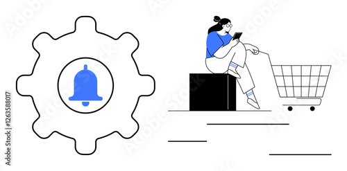 Gear with bell at center, woman reading on smartphone beside shopping cart. Ideal for app settings, notifications, e-commerce, online shopping, digital marketing, consumer behavior, technology usage