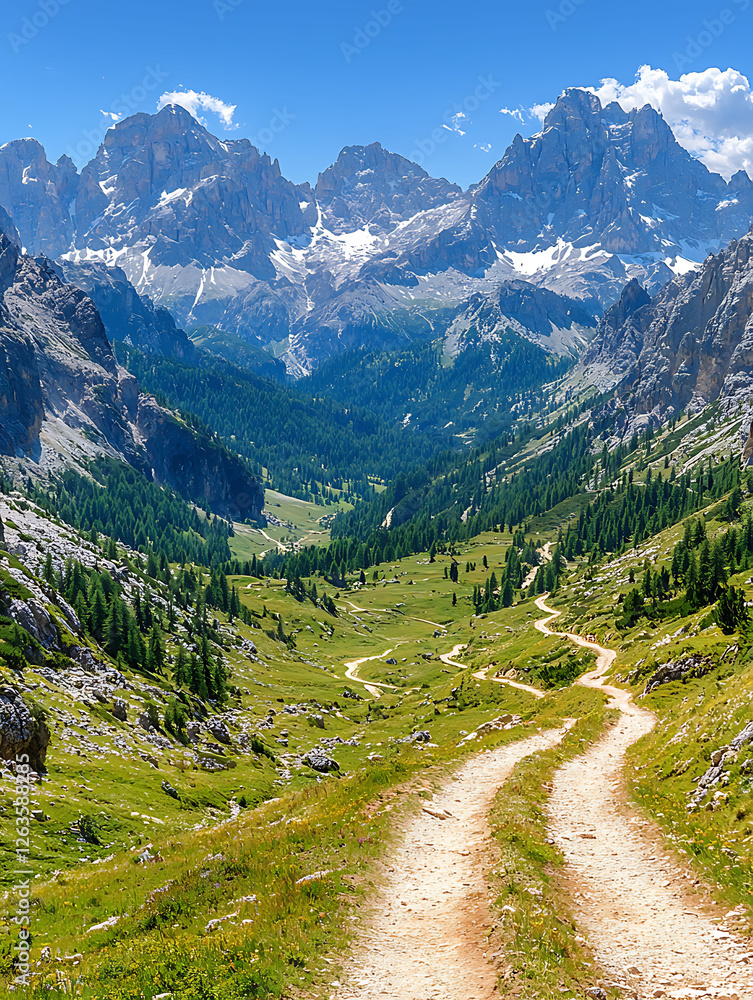 Serene mountain valley path winding towards majestic snowcapped peaks under a vibrant blue sky. A stunning landscape image perfect for travel, adventure, or naturethemed projects. Serene mountain valley path winding towards majestic snowcapped peaks under a vibrant blue sky. A stunning landscape image perfect for travel, adventure, or naturethemed projects.
