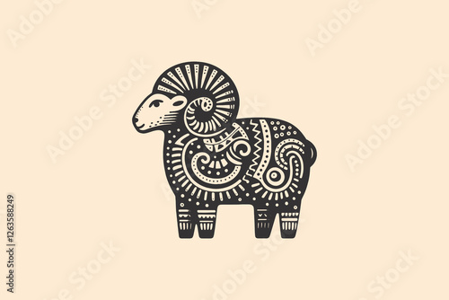 Primitive-style ceramic ram, black engraving logo or emblem