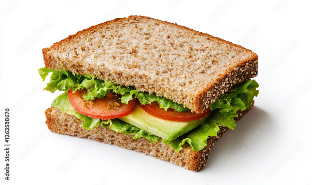 Fresh Whole Grain Sandwich with Crisp Lettuce, Juicy Tomato, and Sliced Cucumber on a White Background for Healthy Eating Concepts Fresh Whole Grain Sandwich with Crisp Lettuce, Juicy Tomato, and Sliced Cucumber on a White Background for Healthy Eating Concepts