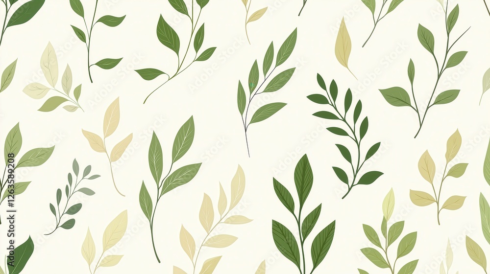 Fototapeta premium Green and beige leaves repeating across soft off white surface, forming organic botanical pattern with delicate botanical elements blending harmoniously