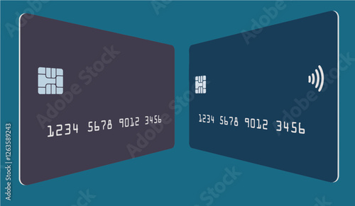 Two generic mock credit cards or debit cards are seen  . Copy space on the cards for your text. 