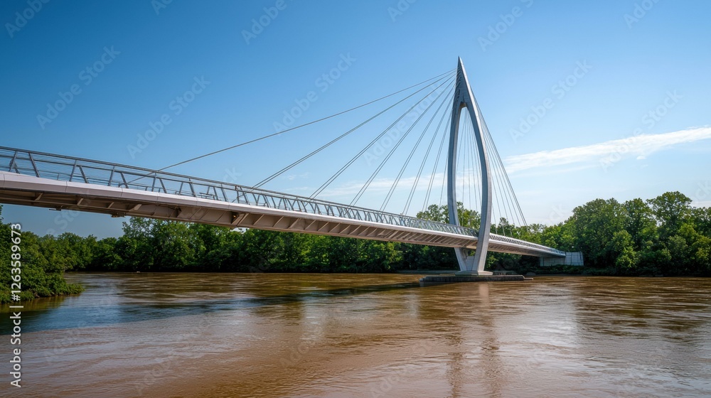Naklejka premium Modern pedestrian bridge over a river. AI.