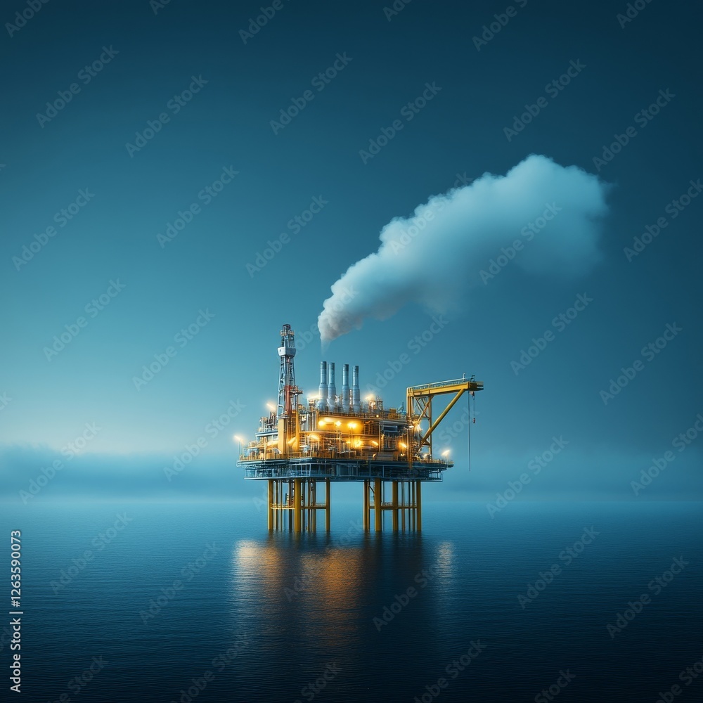 Oil Rig at Dusk with Reflections in the Calm Water Surface Oil Rig at Dusk with Reflections in the Calm Water Surface