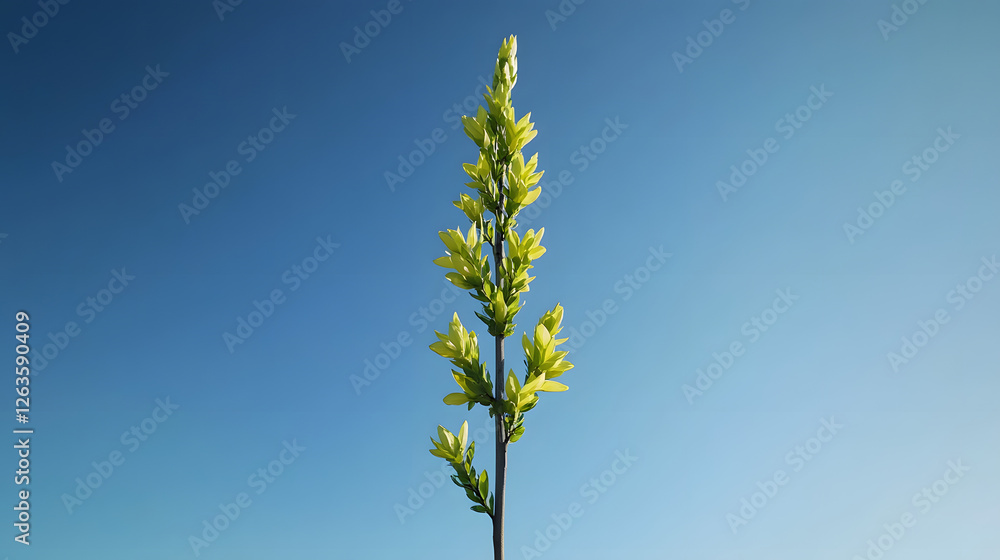 A tall, vertical forsythia plant with yellow flowers against the blue sky
A tall, vertical forsythia plant with yellow flowers against the blue sky
