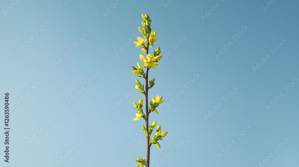 A tall, vertical forsythia plant with yellow flowers against the blue sky
A tall, vertical forsythia plant with yellow flowers against the blue sky