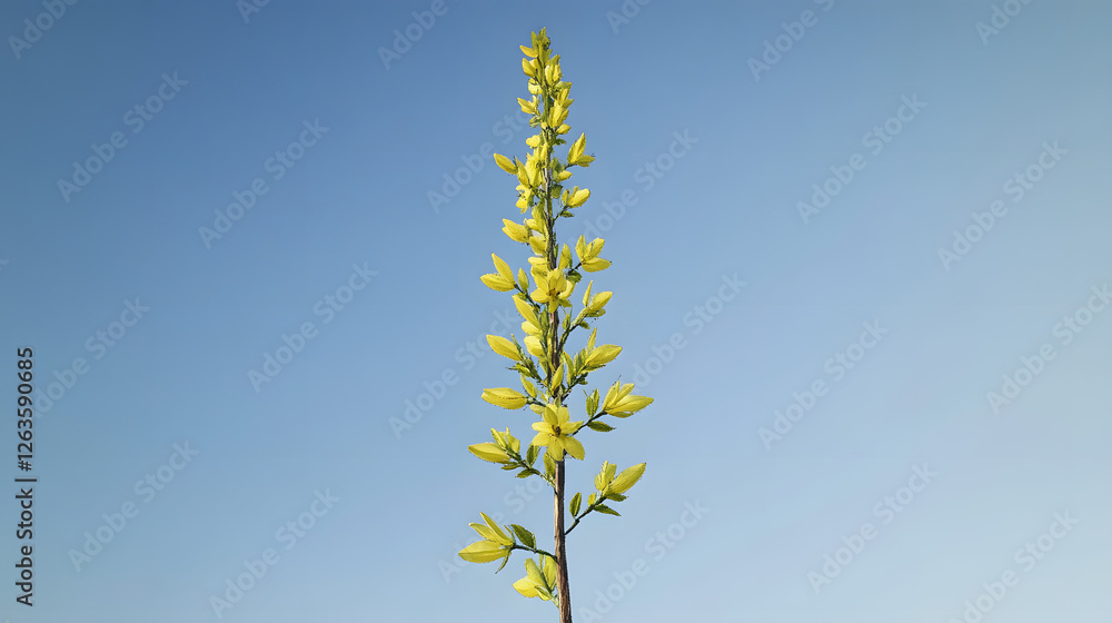 A tall, vertical forsythia plant with yellow flowers against the blue sky
A tall, vertical forsythia plant with yellow flowers against the blue sky