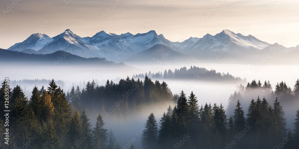 Misty mountain sunrise, forest valley. Travel brochure Misty mountain sunrise, forest valley. Travel brochure