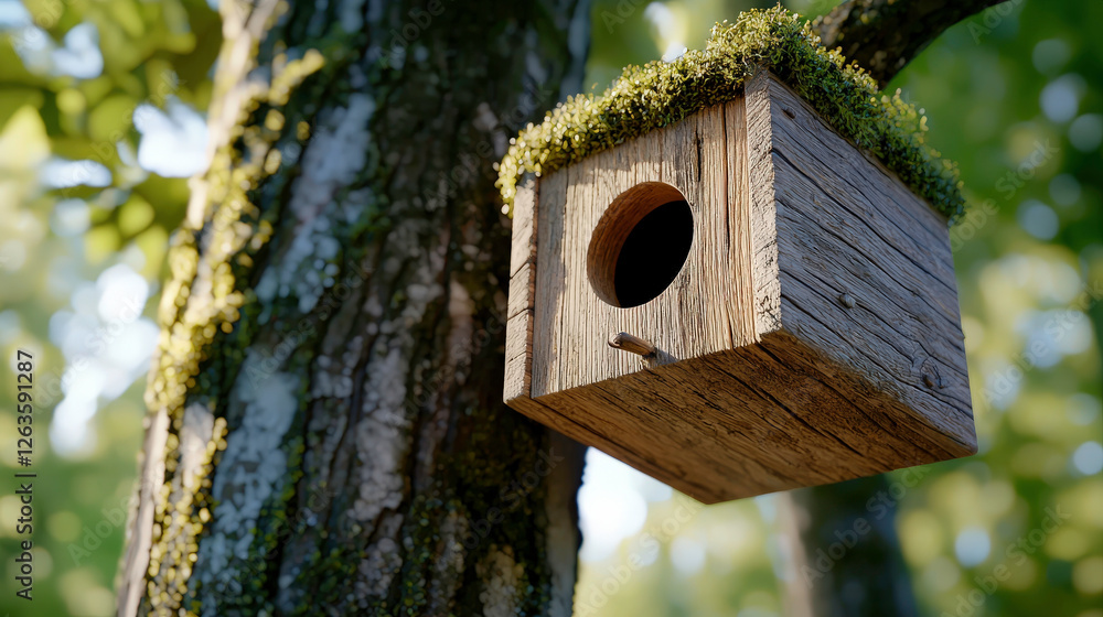 Rustic wooden birdhouse nestled on a moss-covered tree trunk in a serene forest setting, capturing nature's beauty and the essence of wildlife habitat creation. Rustic wooden birdhouse nestled on a moss-covered tree trunk in a serene forest setting, capturing nature's beauty and the essence of wildlife habitat creation.