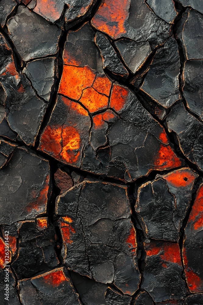 Vibrant Red and Orange Tones on Cracked Cooled Lava Surface for Design Use Vibrant Red and Orange Tones on Cracked Cooled Lava Surface for Design Use