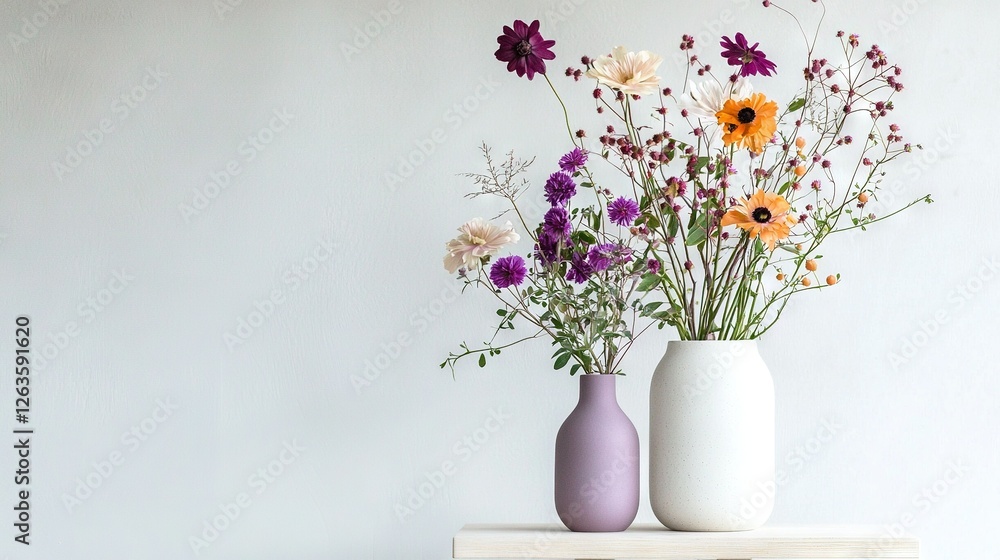 Fototapeta premium A pair of vases gracefully sit on a table, their vibrant blooms contrasting beautifully