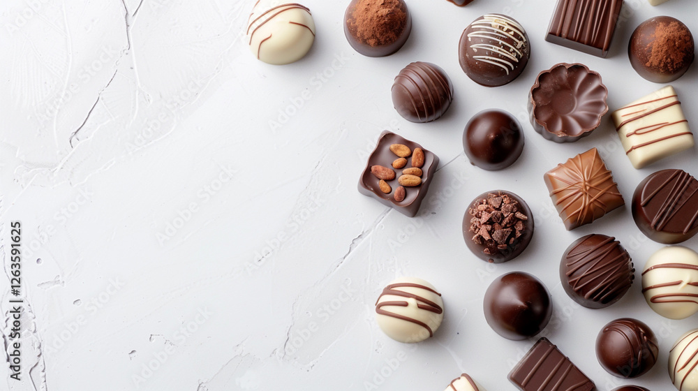 Assortment of artisanal chocolates on a light surface showcasing various shapes, colors, and textures in an elegant arrangement Assortment of artisanal chocolates on a light surface showcasing various shapes, colors, and textures in an elegant arrangement