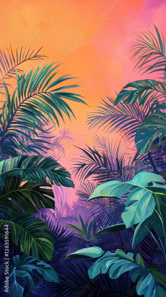 Obraz premium Swaying palm trees against a vibrant sunset sky
