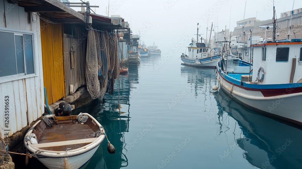 Fototapeta premium Misty harbor, fishing boats moored, nets drying, calm water