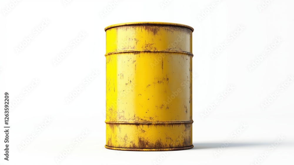 Weathered yellow metal barrel resting against pristine white surface, signaling industrial storage, potential hazards, and waste management themes Weathered yellow metal barrel resting against pristine white surface, signaling industrial storage, potential hazards, and waste management themes