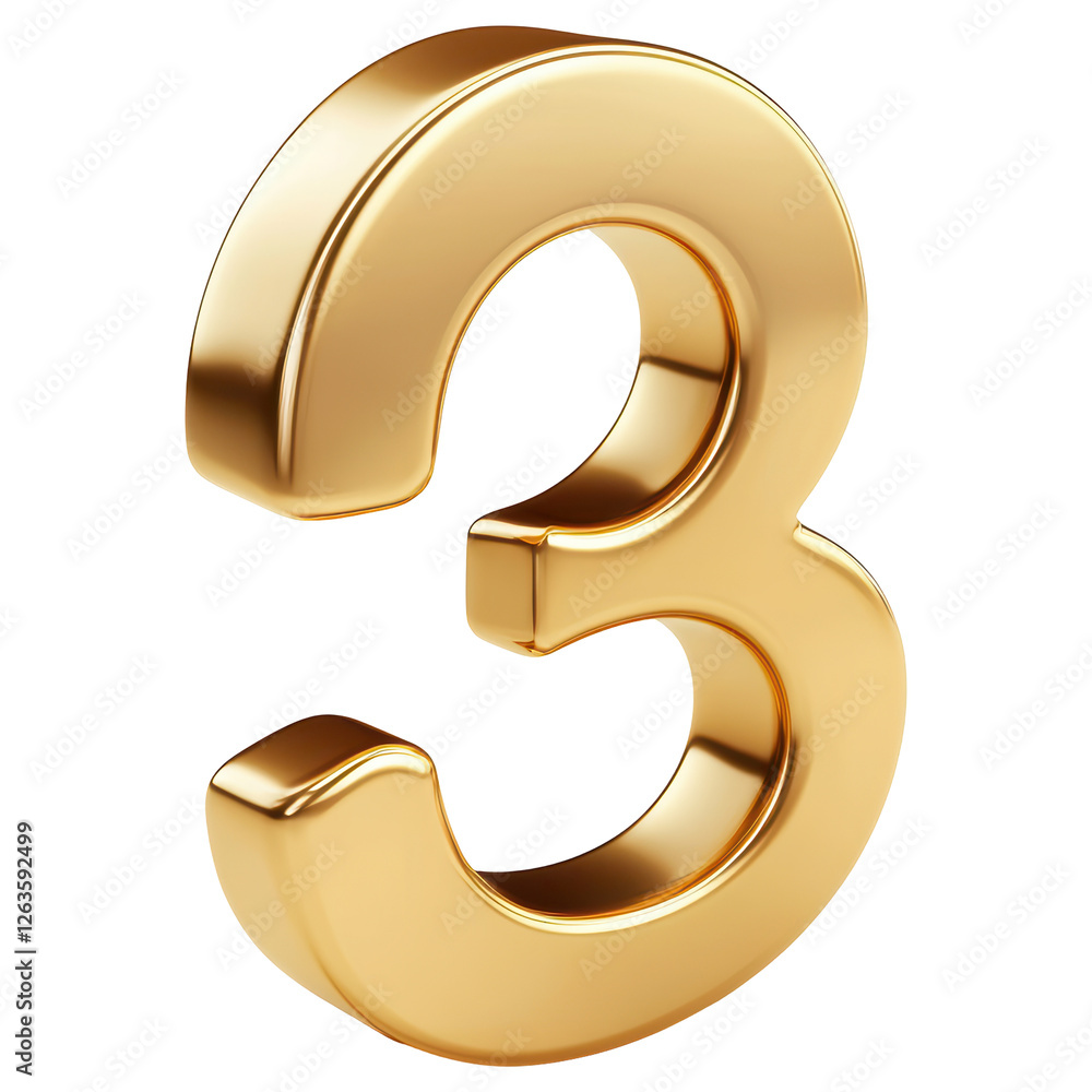 Golden Three Number Isolated on Transparent Background Rendered with Glossy Metallic Shine Golden Three Number Isolated on Transparent Background Rendered with Glossy Metallic Shine