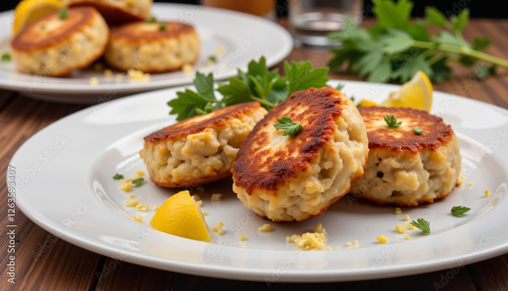Delicious macaroni cakes garnished with parsley and lemon Delicious macaroni cakes garnished with parsley and lemon