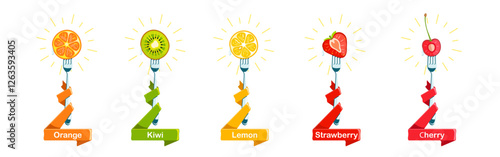Juicy fruit on forks with inscriptions on ribbons. Lemon, orange, kiwi, cherries, strawberries. Vector graphics
