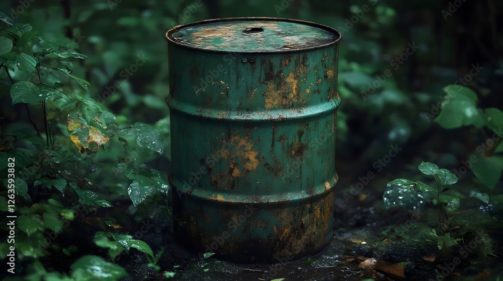 Fototapeta premium A green barrel is sitting in the middle of a forest
