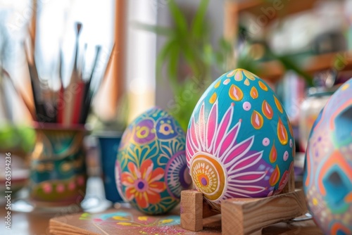 Creative Easter egg painting workshop showcasing vibrant designs and patterns with a blurred background highlighting artistic expression photo