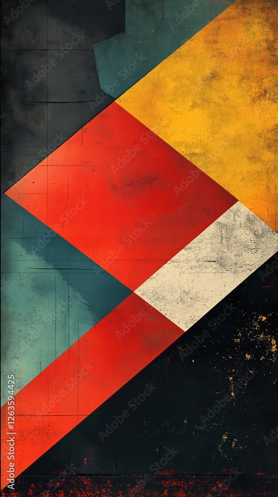 Naklejka premium Colorful geometric shapes overlapping, creating vibrant abstract composition with textured grunge pattern in red, yellow, teal, black hues