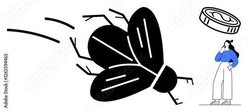 Oversized black fly with wings flapping near head and shoulders of small puzzled person with blue shirt flying coin. Ideal for perspective, curiosity, imagination, creativity, surrealism, wonder