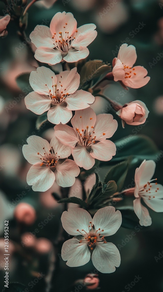 Obraz premium Soft pink cherry blossoms bloom with intricate details and delicate petals, creating a serene atmosphere against a blurred green background, evoking spring beauty.