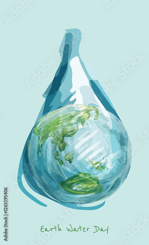 Hand drawing Water Drop Droplet World Earth Globe. Climate change A conceptual illustration of a water or rain drop droplet with a world earth globe inside