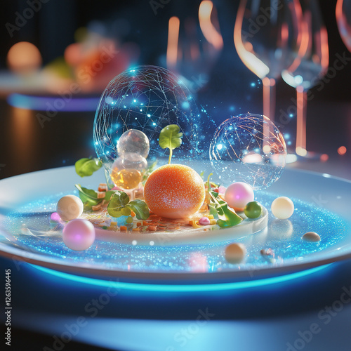 Fototapeta Naklejka Na Ścianę i Meble -  A high-tech gourmet dish with glowing elements, transparent spheres, and molecular textures. A futuristic culinary vision combining flavor, presentation, and digital aesthetics
