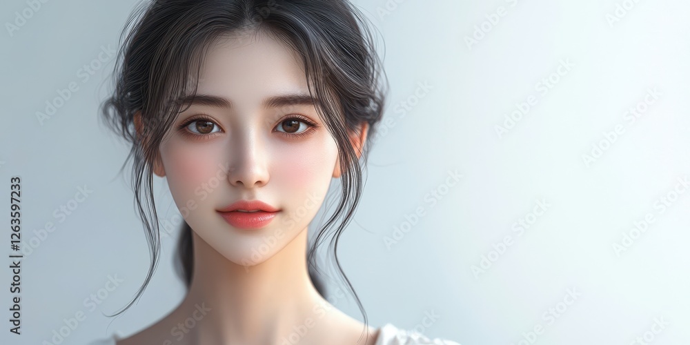 Young woman with soft features and serene expression against a light background in a calm indoor setting Young woman with soft features and serene expression against a light background in a calm indoor setting