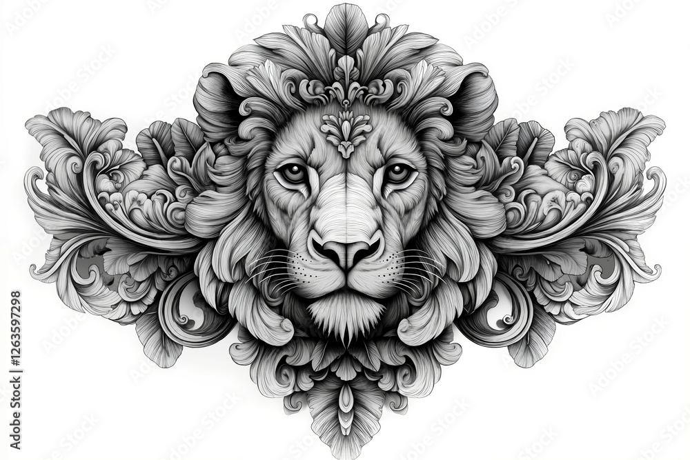 A black and white drawing of a lion's head surrounded by ornate elements A black and white drawing of a lion's head surrounded by ornate elements