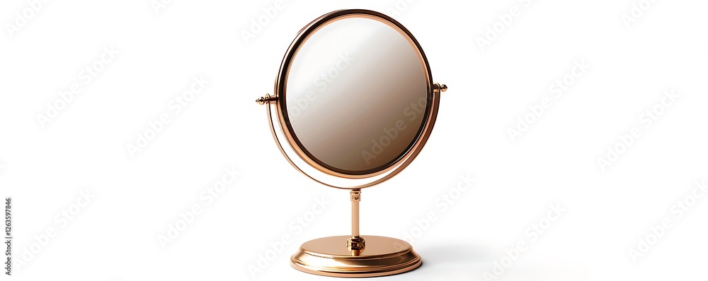 Isolated elegant rose gold table mirror with stand, white backdrop, high-res, realistic photo Isolated elegant rose gold table mirror with stand, white backdrop, high-res, realistic photo