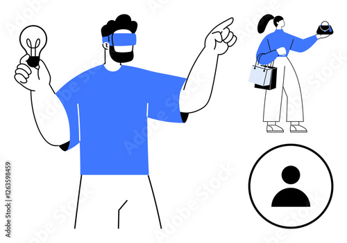 Man wearing VR headset holding lightbulb, pointing woman using VR headset examining item with shopping bags profile icon. Ideal for technology trends, virtual reality, future shopping, innovation