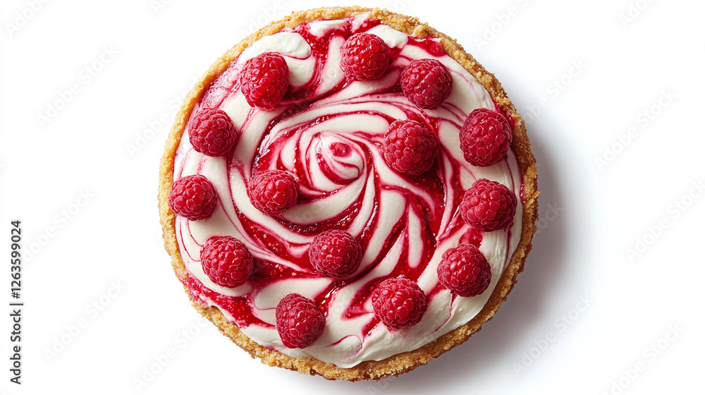 Fototapeta premium Raspberry cheesecake with a buttery graham cracker crust, creamy cheesecake filling, and raspberry swirls, garnished with fresh raspberries, isolated on a white background.
