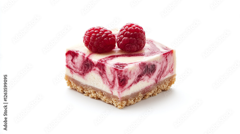 Single piece of a raspberry cheesecake with a buttery graham cracker crust, creamy filling, and raspberry swirls, garnished with fresh raspberries, isolated on a white background. Single piece of a raspberry cheesecake with a buttery graham cracker crust, creamy filling, and raspberry swirls, garnished with fresh raspberries, isolated on a white background.