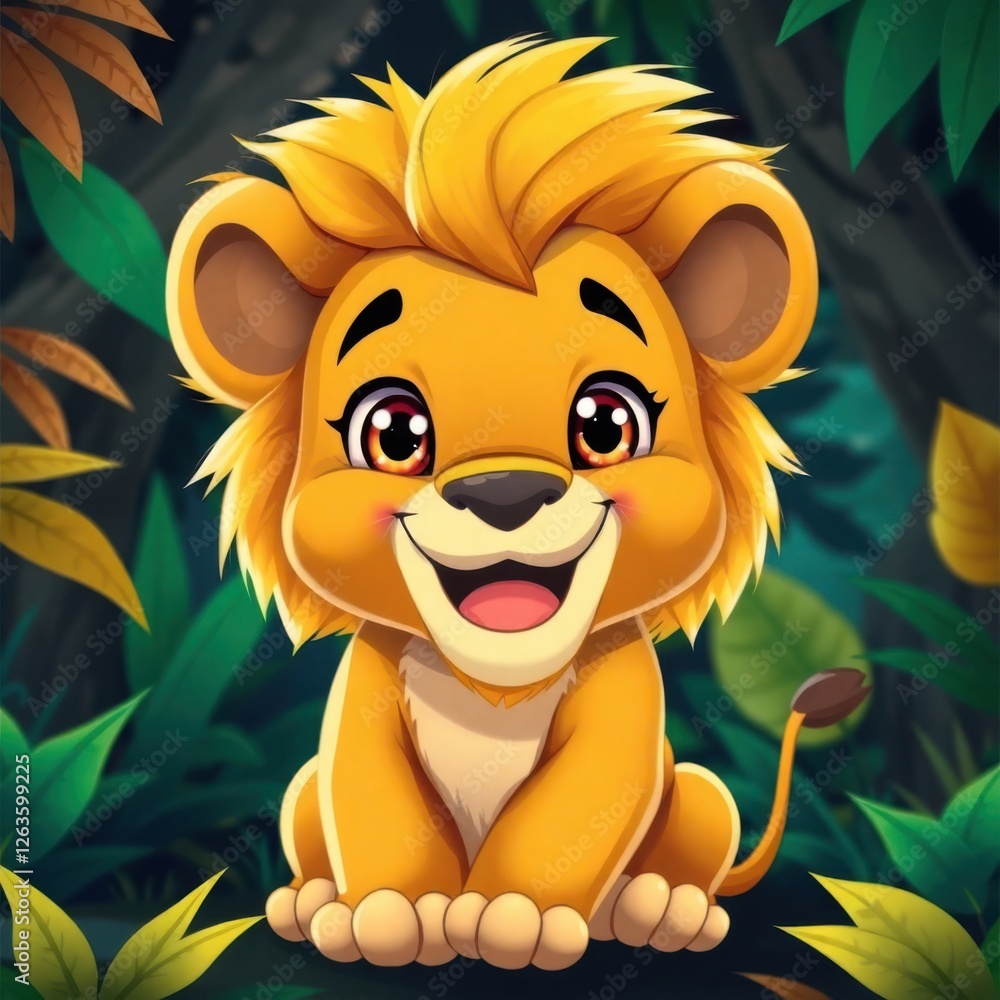 Adorable lion cub with big eyes, a fluffy mane and a sweet smile in a colorful, lush jungle setting. Adorable lion cub with big eyes, a fluffy mane and a sweet smile in a colorful, lush jungle setting.
