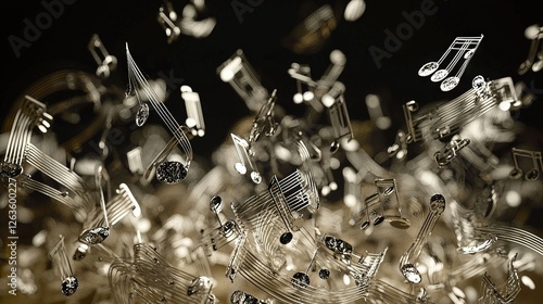   A collection of melodious symbols hovering atop a wooden surface alongside a monochromatic depiction of musical symbols