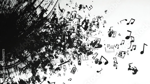  A monochrome image of a tree with melodious notes cascading from its branches in the atmosphere