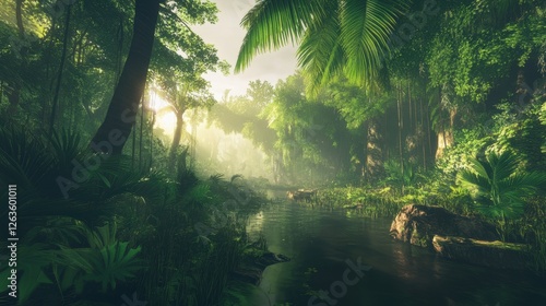 A vibrant rainforest scene with towering trees, abundant greenery, and soft mist rising in the background. The intricate textures and warm lighting emphasize the richness of biodiversity and the impor