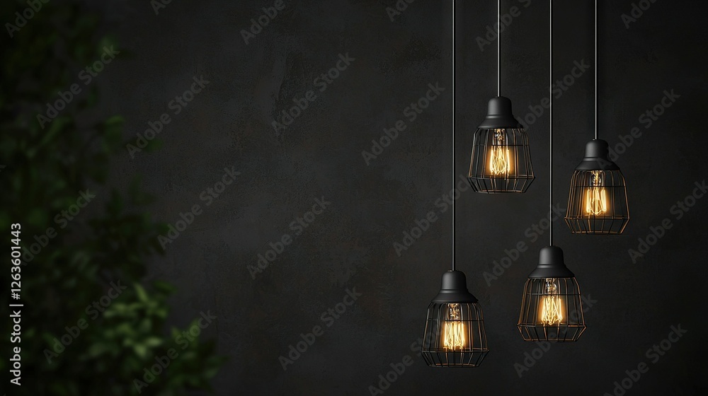 A dark room has hanging lights and a plant in one corner A dark room has hanging lights and a plant in one corner