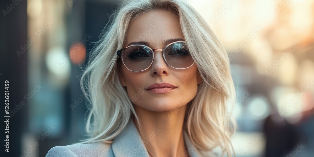 Stylish woman in sunglasses poses confidently on a bustling city street during golden hour in urban setting Stylish woman in sunglasses poses confidently on a bustling city street during golden hour in urban setting