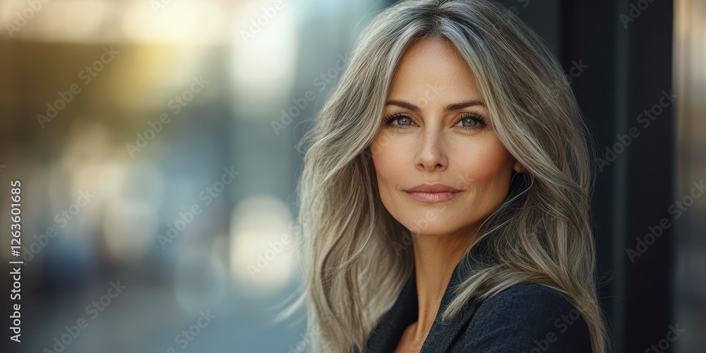 Captivating portrait of a woman with long gray hair in a modern urban setting during golden hour Captivating portrait of a woman with long gray hair in a modern urban setting during golden hour