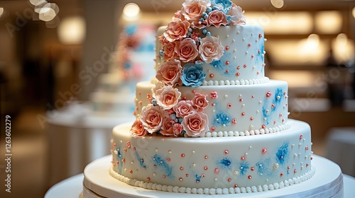 Elegant tiered wedding cake, decorated with roses, on display in a banquet hall photo