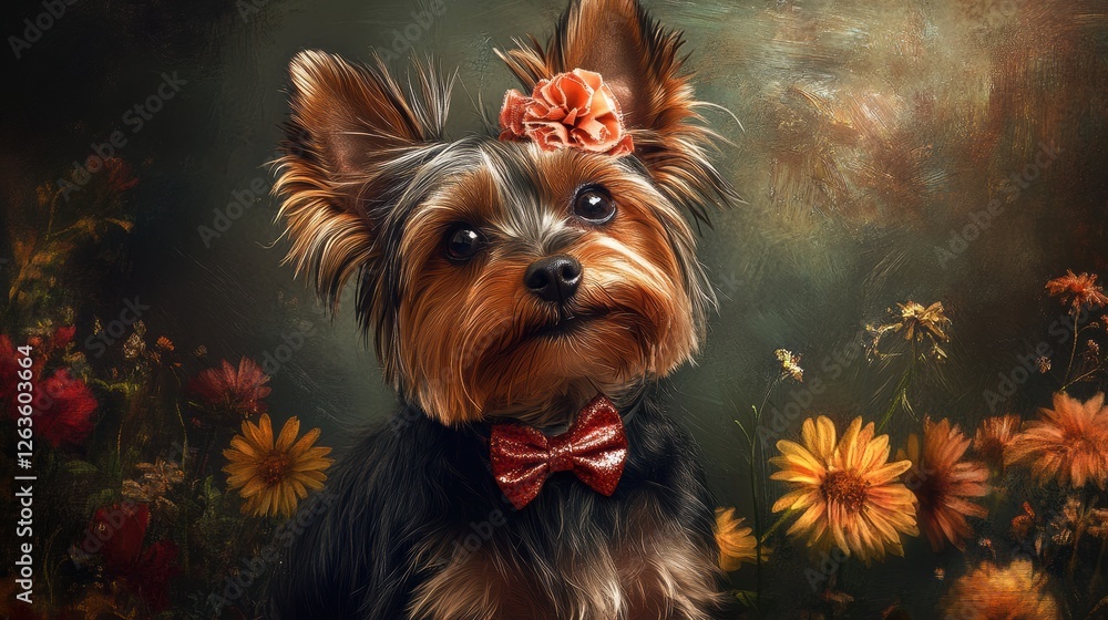 Naklejka premium Yorkshire Terrier with a Bow in its Fur.
