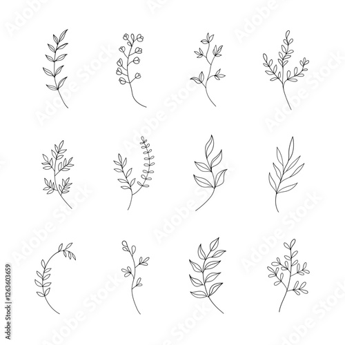 A collection of simple botanical illustrations with minimalistic leaves and floral elements. Ideal for modern logos, branding, packaging, and invitations.