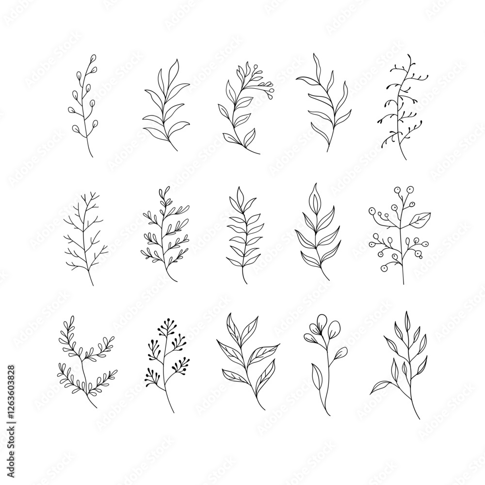 A collection of hand-drawn botanical elements with intricate floral details. Suitable for digital art, fabric prints, greeting cards, and branding.