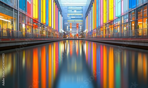 Colorful Shopping Mall Reflects in Canal at Dusk photo